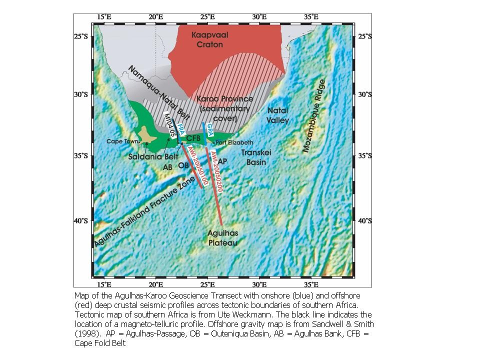 Map: Agulhas-Karoo Geoscience Transect with onshore and offshore deep crustal seismic profiles across tectonic boundaries of southern Africa